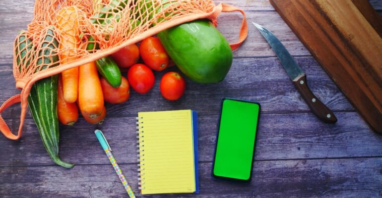 Fresh vegetables beside a notebook and phone used for planning a structured diet break