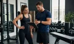 A personal trainer discussing technique and programme notes with an adult client in a modern gym