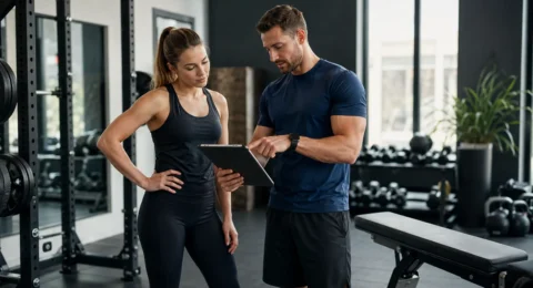 A personal trainer discussing technique and programme notes with an adult client in a modern gym