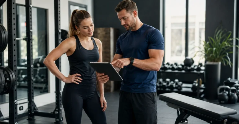 A personal trainer discussing technique and programme notes with an adult client in a modern gym