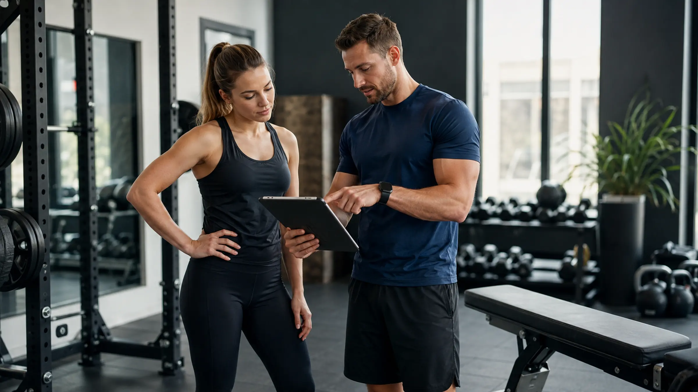A personal trainer discussing technique and programme notes with an adult client in a modern gym