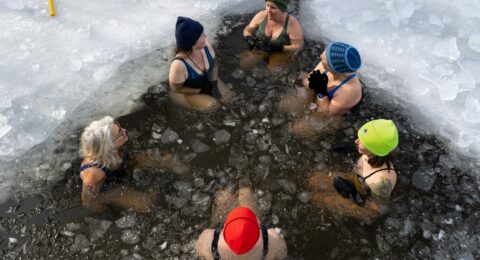 A group of adults taking part in supervised cold-water immersion in an ice opening.