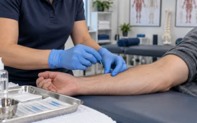 Gloved practitioner positioning a fine needle at a client's forearm.