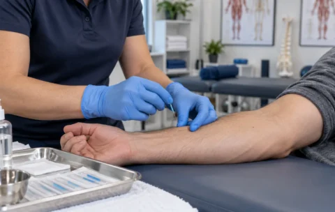 Qualified practitioner demonstrating dry needling technique