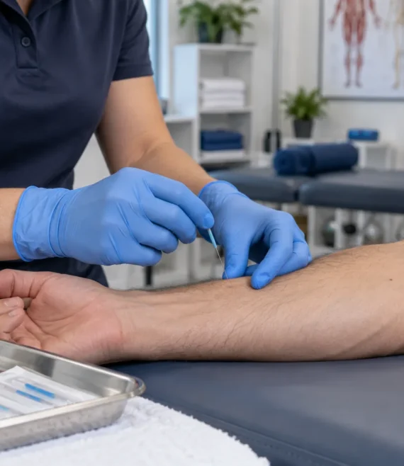 Gloved practitioner positioning a fine needle at a client's forearm.