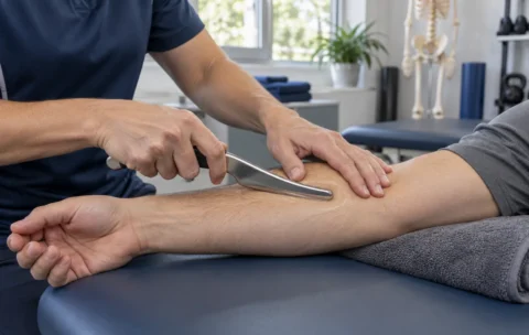 Therapist applying an instrument-assisted soft tissue technique during Graston therapy training