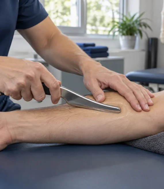 Therapist using a metal soft-tissue instrument along a client's forearm.