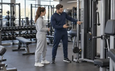 Gym instructor explaining a cable machine to a participant.