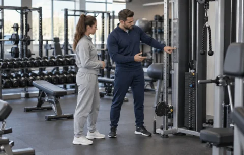 Gym instructor coaching a client during a training session