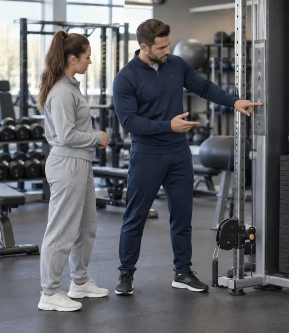 Gym instructor explaining a cable machine to a participant.