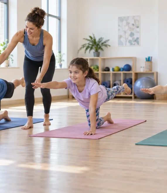Children practising kneeling arm-and-leg extensions on colourful Pilates mats with an instructor.