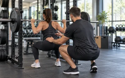 Personal trainer coaching a barbell squat in a gym.