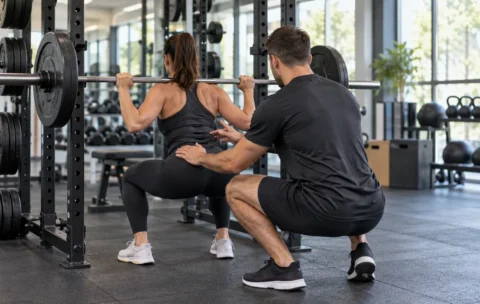 Personal trainer coaching a client through a strength exercise