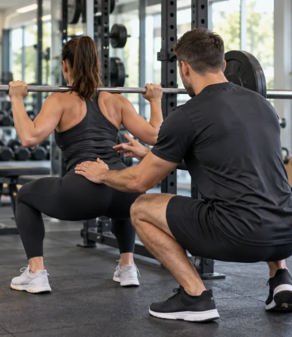Personal trainer coaching a barbell squat in a gym.