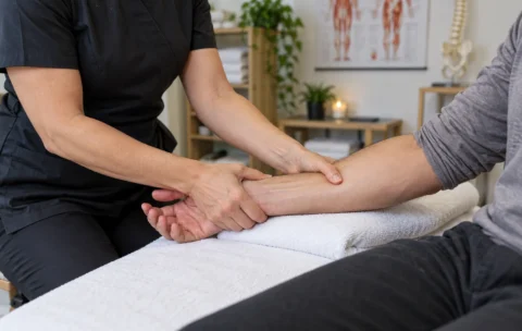 Massage therapist applying hands-on treatment to a client on a therapy table