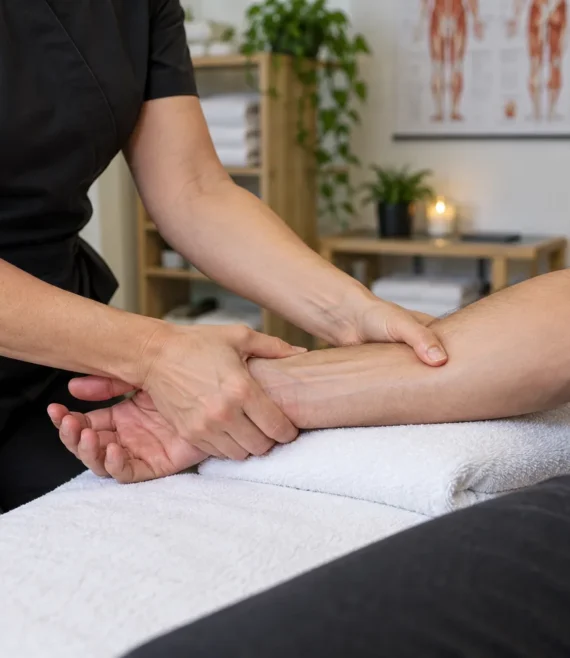 Massage practitioner working on a client's forearm supported on a towel.