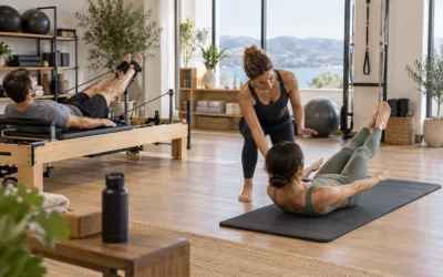 Pilates instructor guiding mat exercises beside a participant using a Reformer.