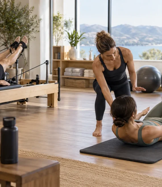 Pilates instructor guiding mat exercises beside a participant using a Reformer.
