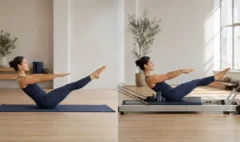 A matched comparison of an adult performing comparable movements on a Pilates mat and a Reformer in a bright studio