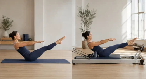 A matched comparison of an adult performing comparable movements on a Pilates mat and a Reformer in a bright studio
