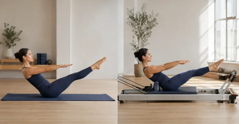 A matched comparison of an adult performing comparable movements on a Pilates mat and a Reformer in a bright studio