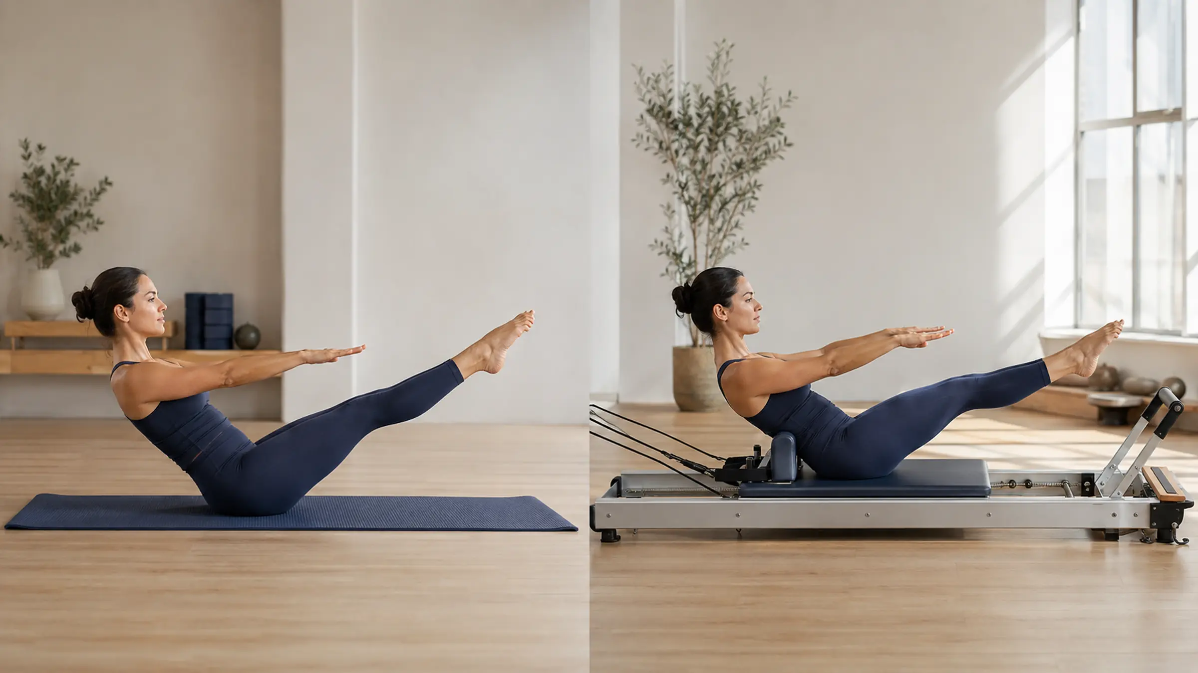 Woman exercising with straps on a wooden Pilates Reformer