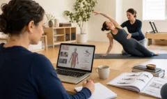 An adult Pilates learner combining online anatomy study with practical Mat Pilates teaching in a bright studio