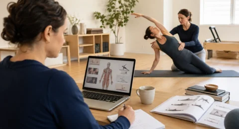 An adult Pilates learner combining online anatomy study with practical Mat Pilates teaching in a bright studio