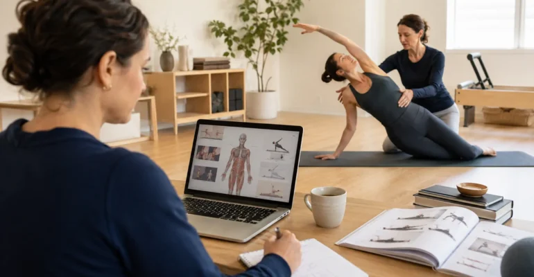 An adult Pilates learner combining online anatomy study with practical Mat Pilates teaching in a bright studio