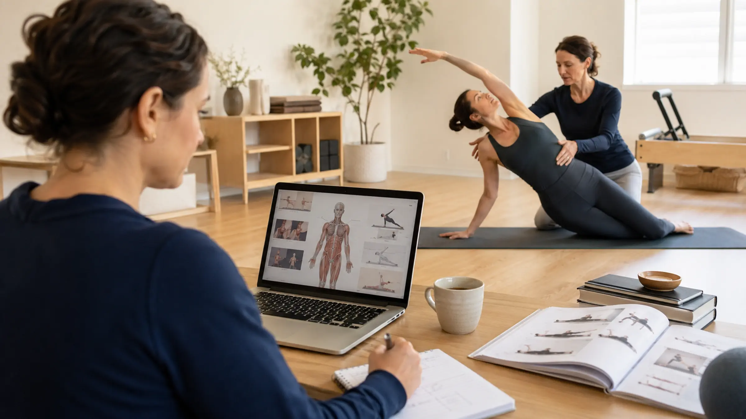 A Pilates educator reviewing movement resources while an instructor demonstrates a Mat exercise with an adult learner.