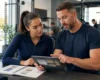 Fitness professional and adult client reviewing an exercise plan in a gym