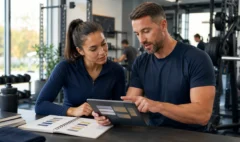 Fitness professional and adult client reviewing an exercise plan in a gym