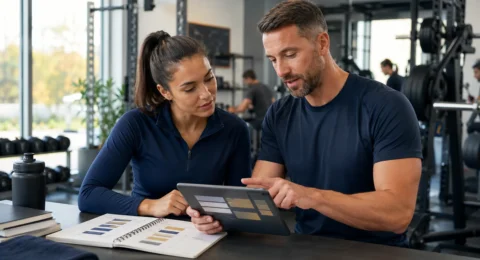 An adult learner and mentor comparing personal-training curriculum information on a tablet in a gym education setting