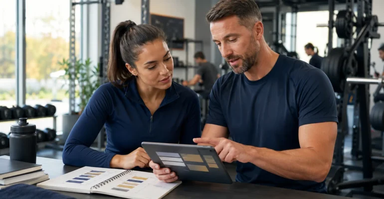Fitness professional and adult client reviewing an exercise plan in a gym