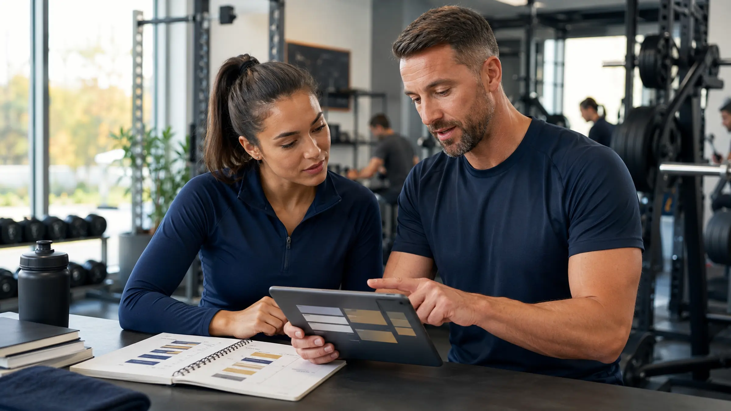 Fitness professional and adult client reviewing an exercise plan in a gym