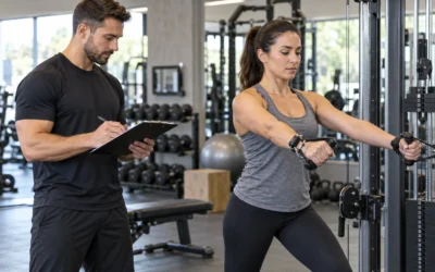 Personal trainer observing a cable exercise and recording notes.