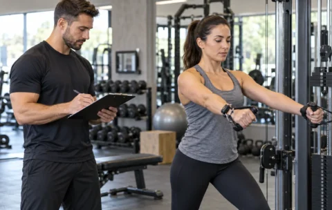 Certified personal trainer guiding a client in a gym