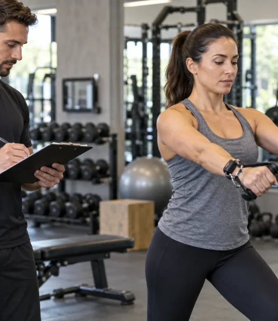 Personal trainer observing a cable exercise and recording notes.