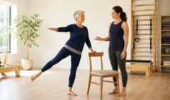 An active older adult practising a supported standing balance task while a Pilates instructor observes nearby