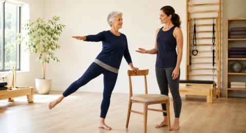 An active older adult practising a supported standing balance task while a Pilates instructor observes nearby