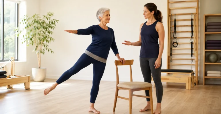 An active older adult practising a supported standing balance task while a Pilates instructor observes nearby