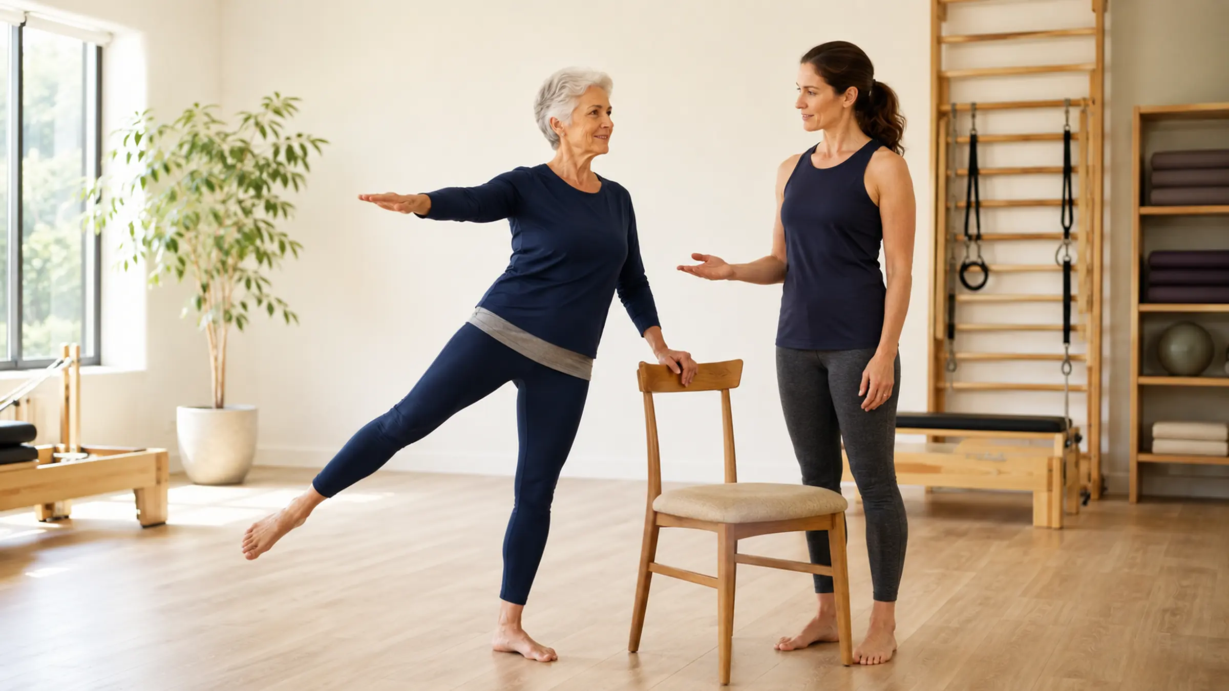 An active older adult practising a supported standing balance task while a Pilates instructor observes nearby
