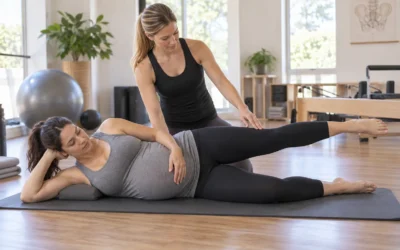 Pregnant participant practising a supported side-lying Pilates leg lift with an instructor.