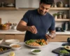 An adult preparing a balanced protein-rich meal with subtle resistance-training equipment nearby