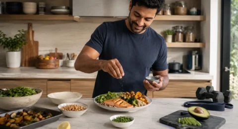 An adult preparing a balanced protein-rich meal with subtle resistance-training equipment nearby