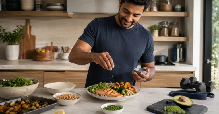 An adult preparing a balanced protein-rich meal with subtle resistance-training equipment nearby