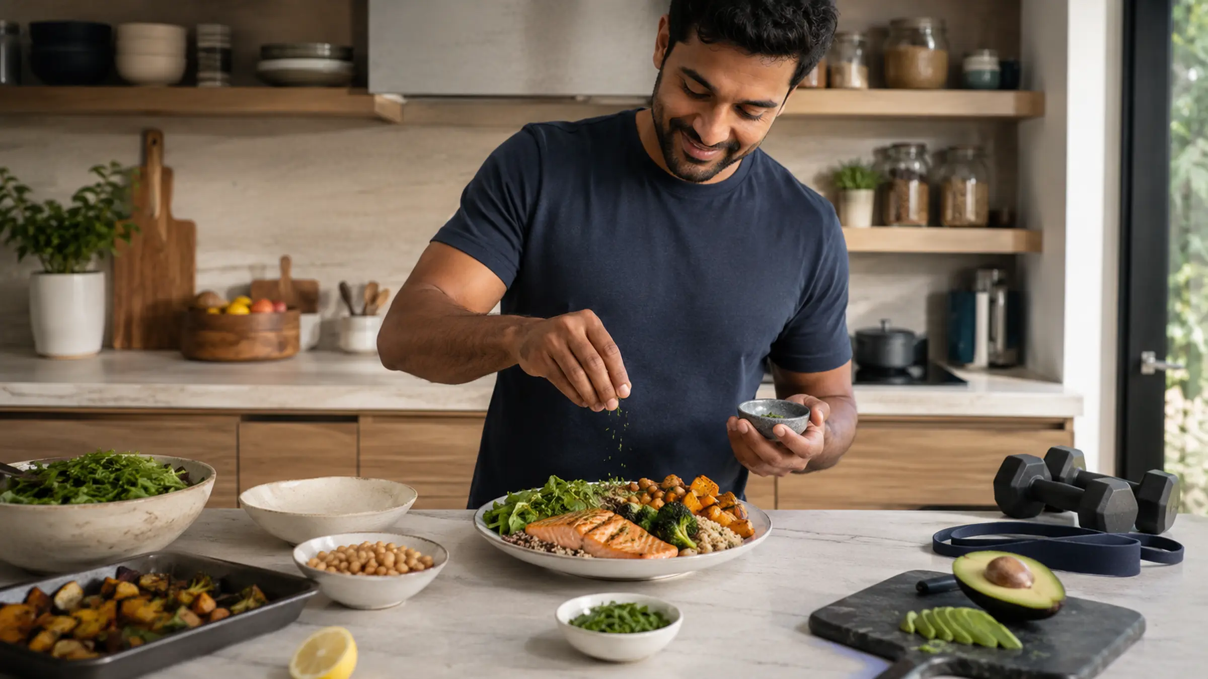 An adult preparing a balanced protein-rich meal with subtle resistance-training equipment nearby