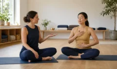 A yoga teacher using a gentle hand cue to pace slow breathing with an adult student in a bright studio