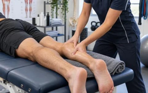 Sports massage therapist working on an athlete&rsquo;s leg