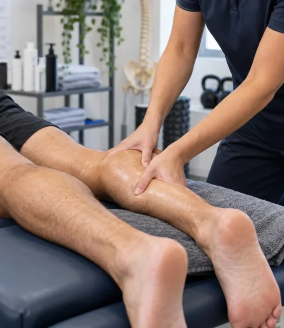 Sports massage therapist working on a client's calf on a treatment table.